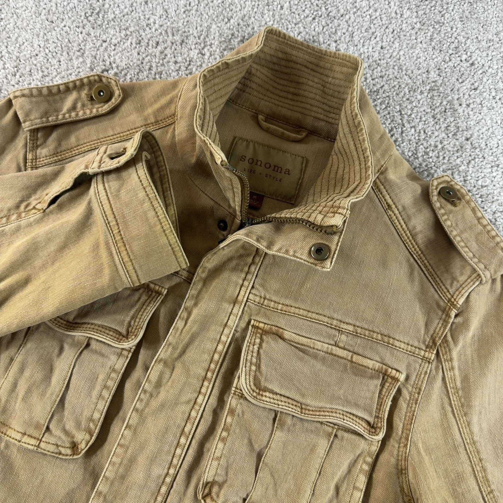 Sonoma Life + Style Men\'s Khaki Military Jacket Sz M Stand-Up Collar Zip/Button