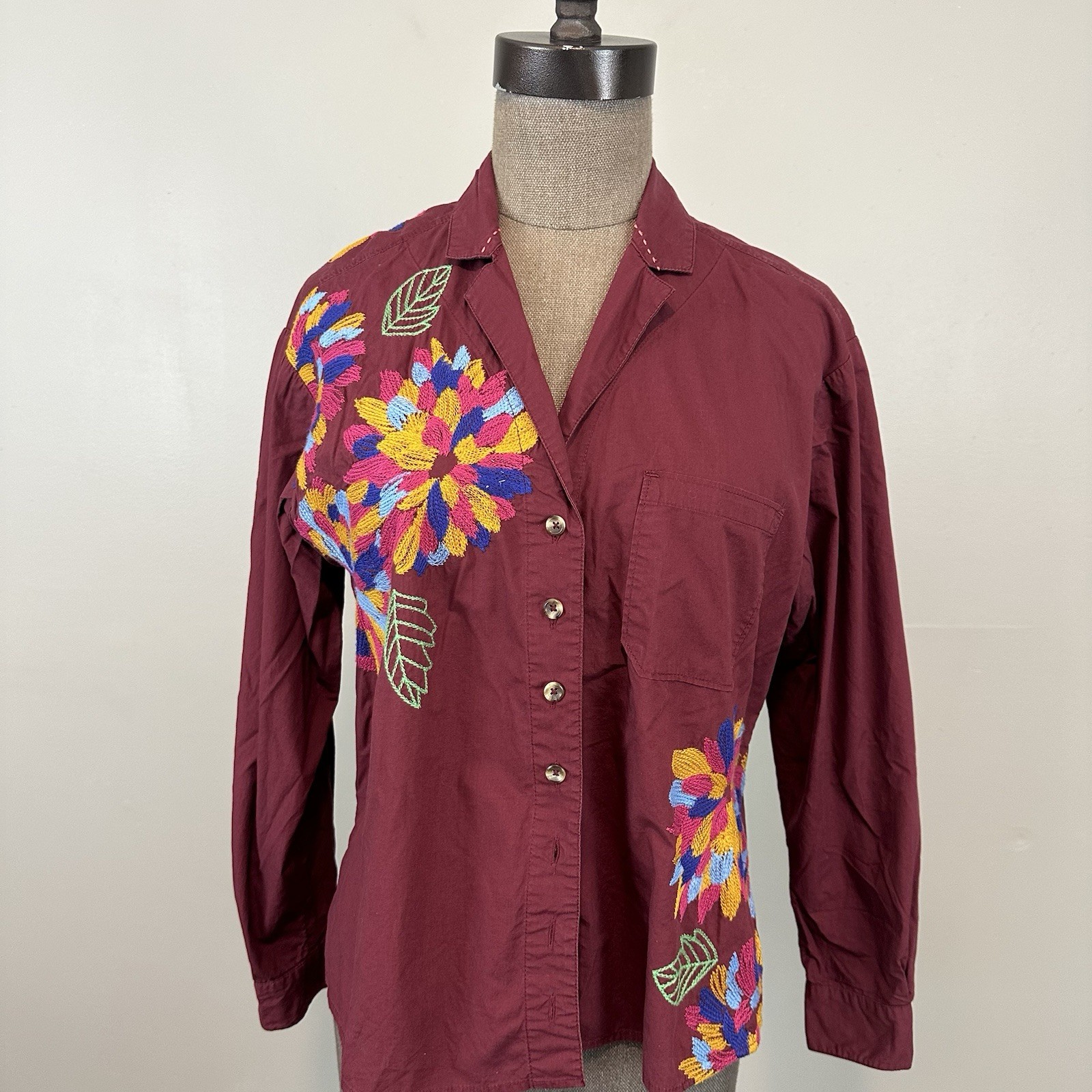 Maeve for Anthropologie Burgundy Wine Embroidered Cotton Blouse 2