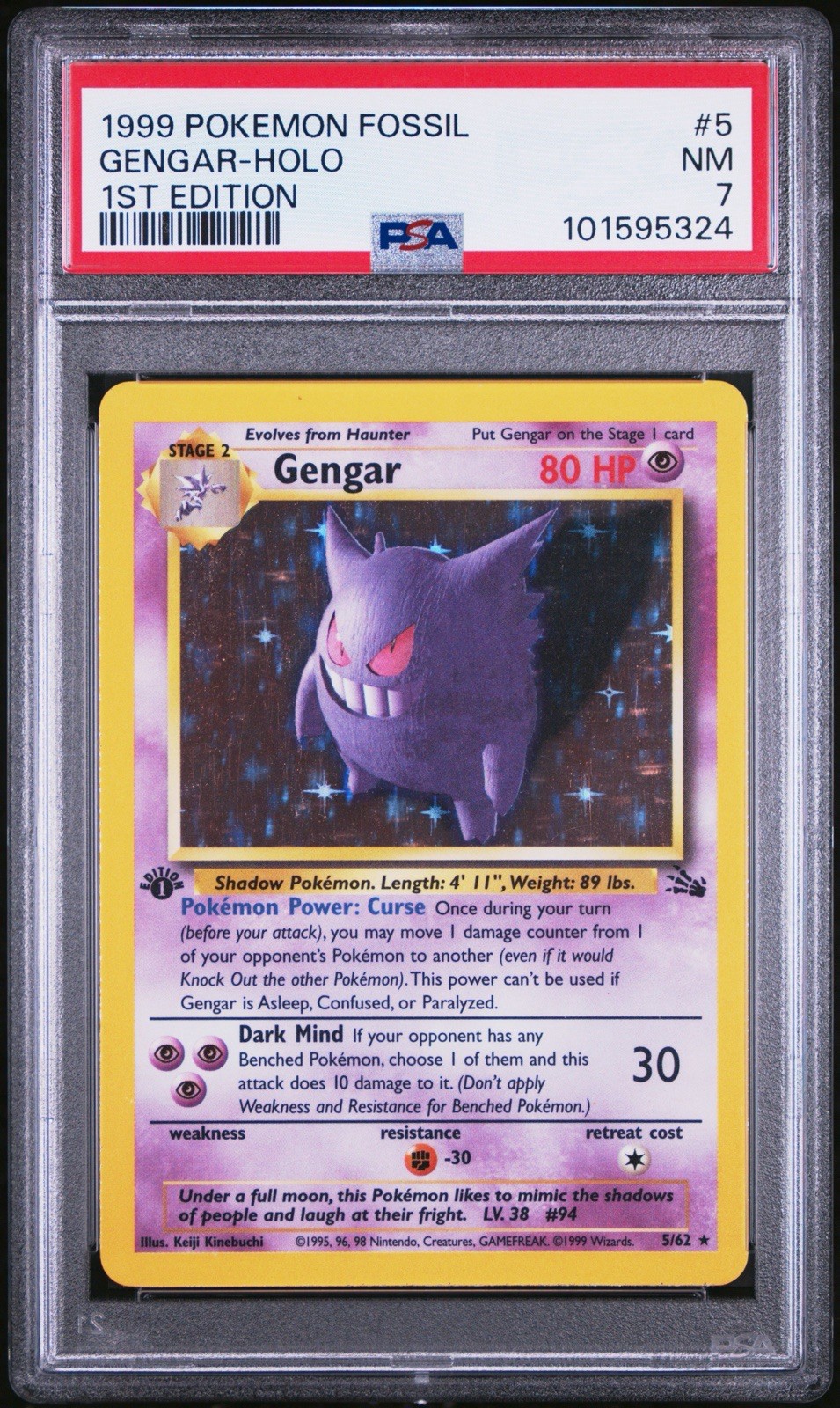 1999 Pokemon Fossil 1st Edition Gengar Rare Holo #5/62 PSA 7