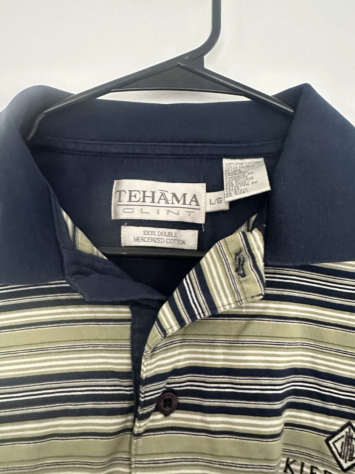 Tehama Men\'s LG Olive / Navy Trim Striped Golf Polo Embroidered Logo Cotton Tehama Men\'s LG Olive / Navy Trim Striped Golf Polo Embroidered Logo Cotton