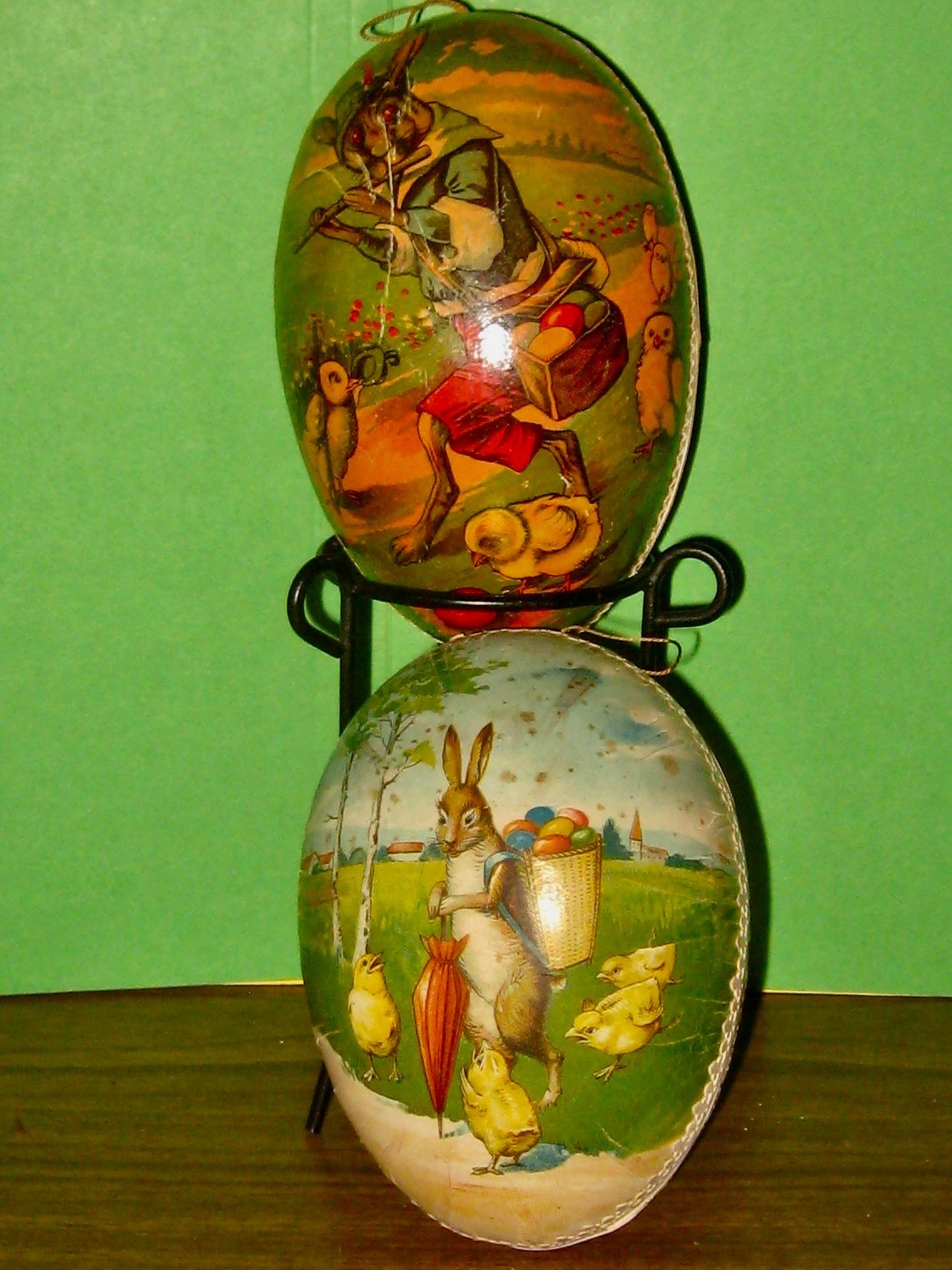 2 Antique German Paper Mache RABBIT Easter Egg Candy Container 5 1/4 2 Antique German Paper Mache RABBIT Easter Egg Candy Container 5 1/4