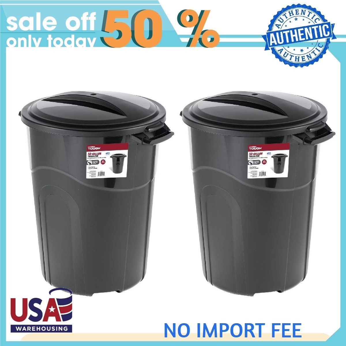 (2 pack) Hyper Tough 32 Gallon Heavy Duty Injection Molded Trash Can (2 pack) Hyper Tough 32 Gallon Heavy Duty Injection Molded Trash Can