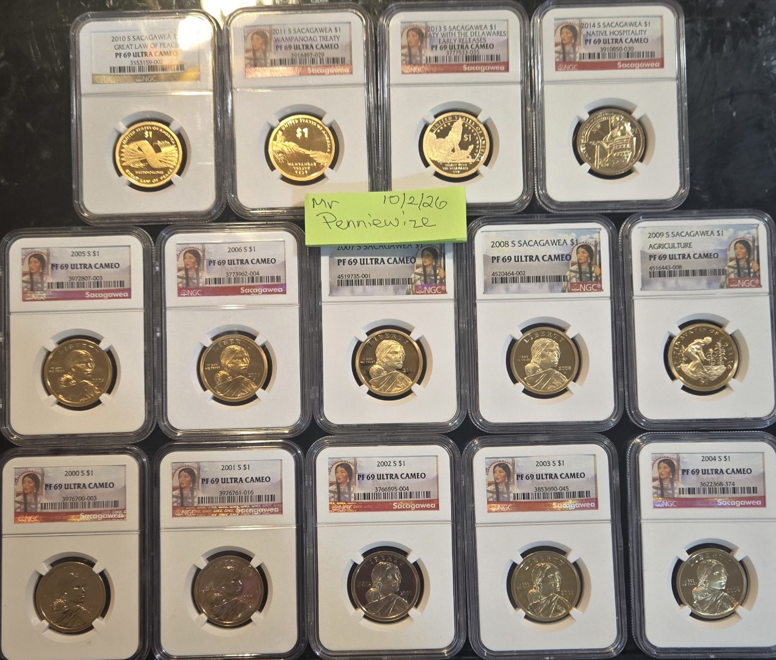 COMPLETE SET SACAGAWEA PROOF DOLLARS  2000-2011 AND 2013,14 NGC MS6
