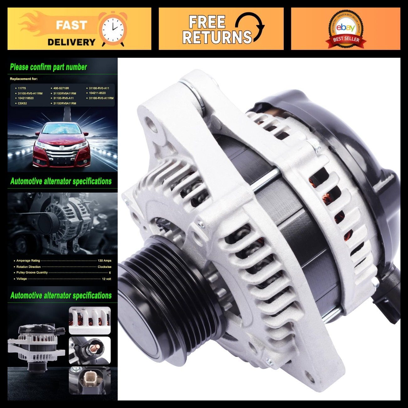 130A Alternator for 2014-2017 Odyssey 3.5L V6 - High Output Replacement Part