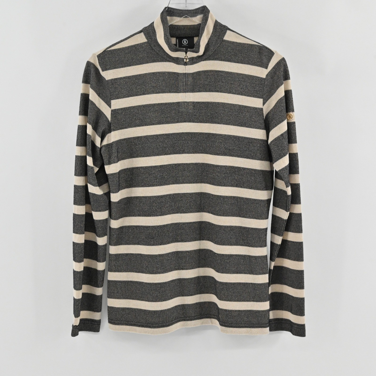 Bogner Striped Quarter Zip Pullover Sweater Womens Size L Grey Beige Metallic