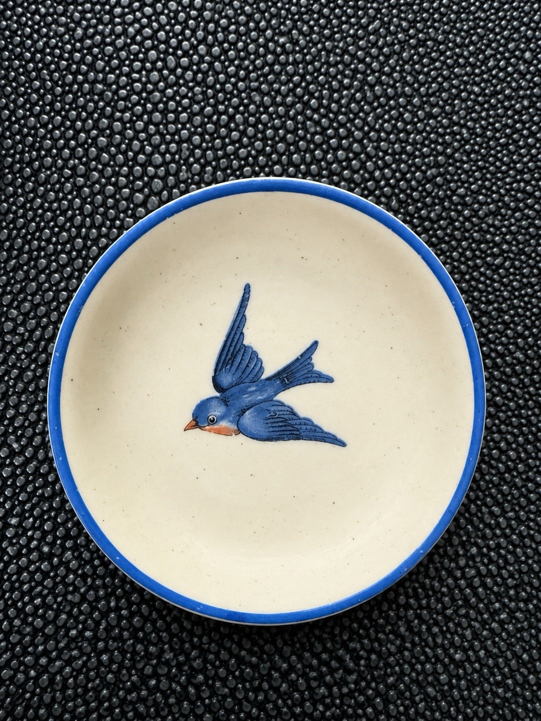 Vintage Bluebird 3” Mini Butter Pat Plate Dish Blue Rim Crazing 