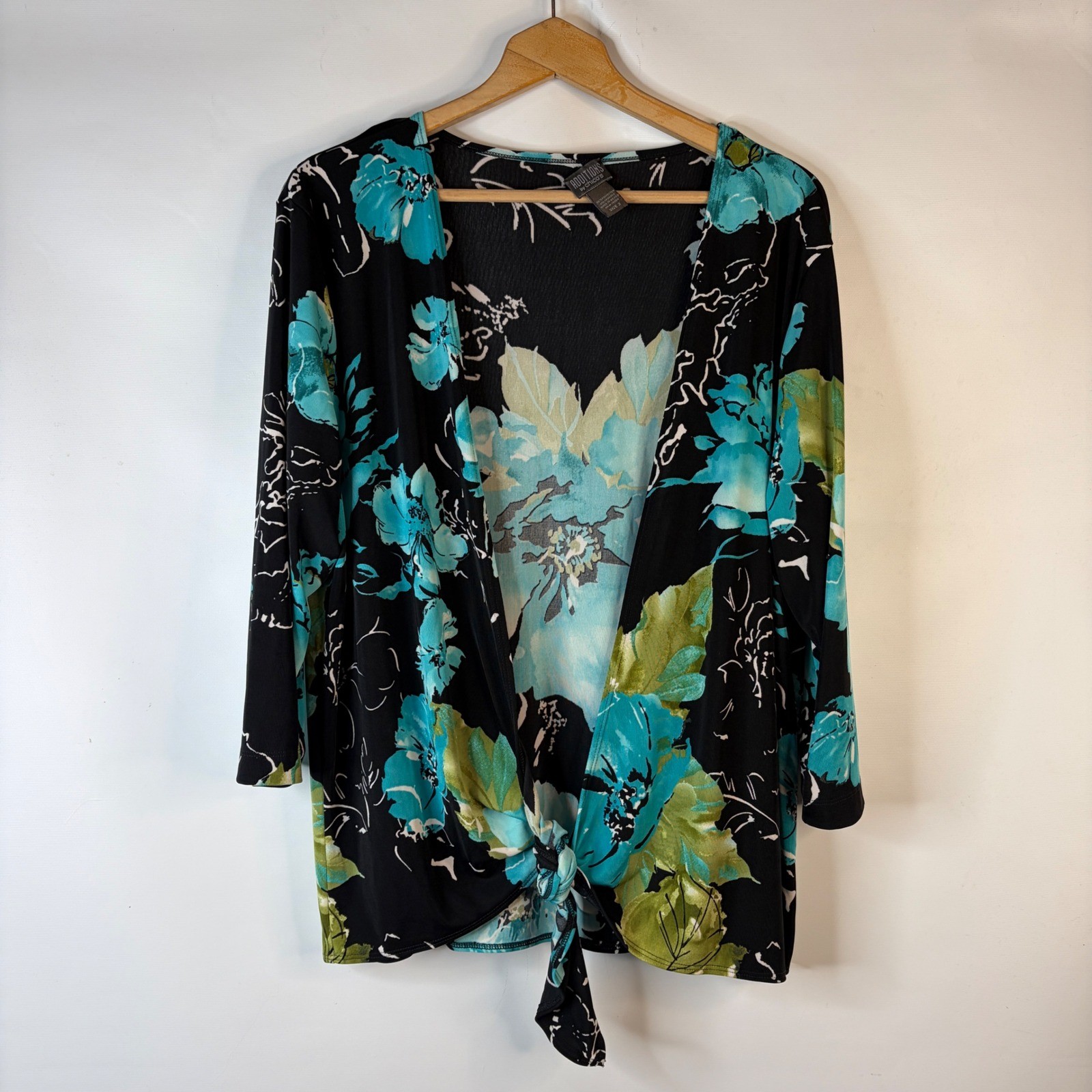 Additions by Chico\'s Cardigan Women Size 3 Black Turquoise Floral Tie Front Top