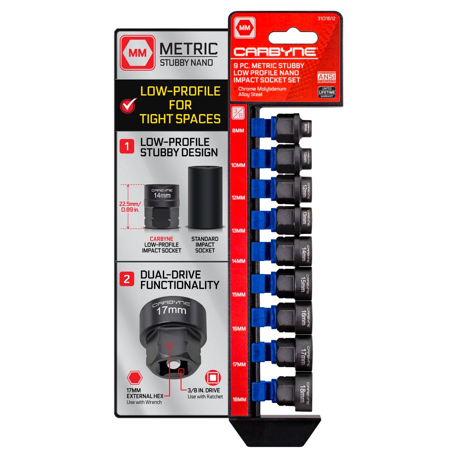 CARBYNE 9-Piece Metric Stubby Low Profile Impact Socket Set, 3/8 in. Drive
