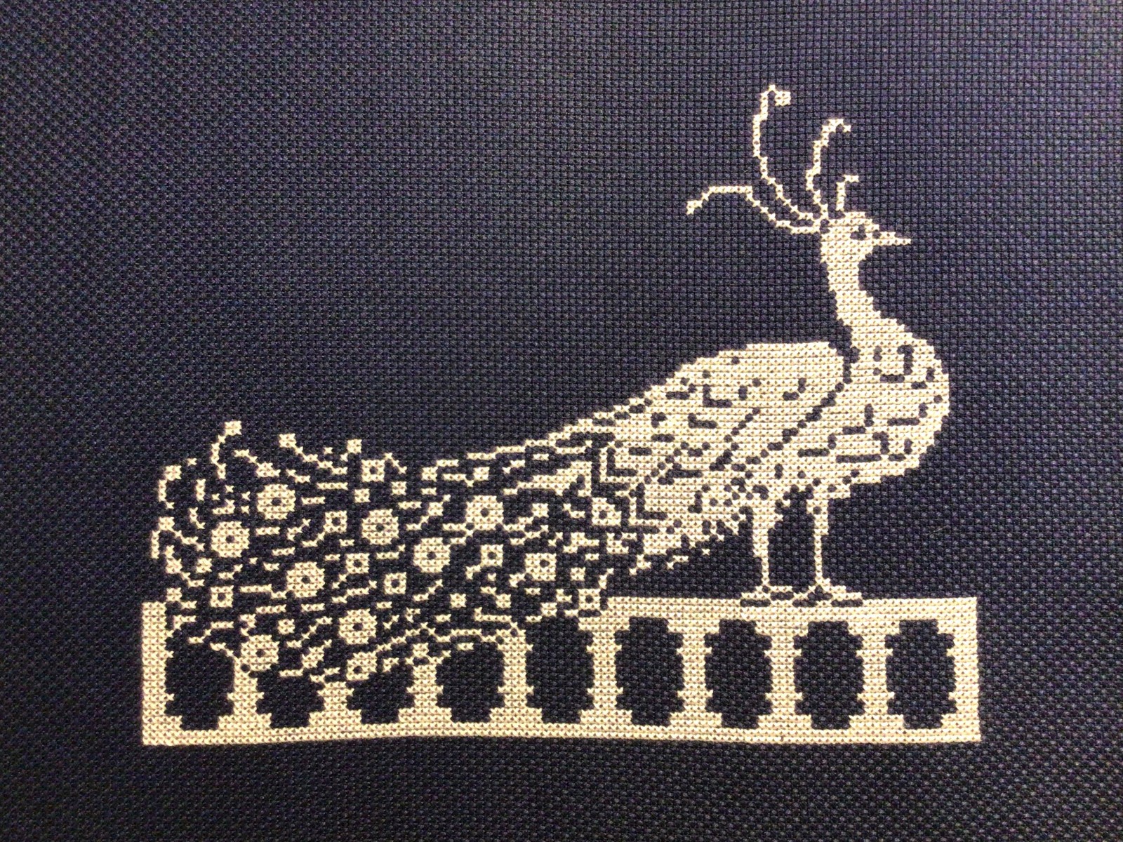 Vintage Regal Peacock on Balustrade Finished Counted Cross Stitch Embroidery