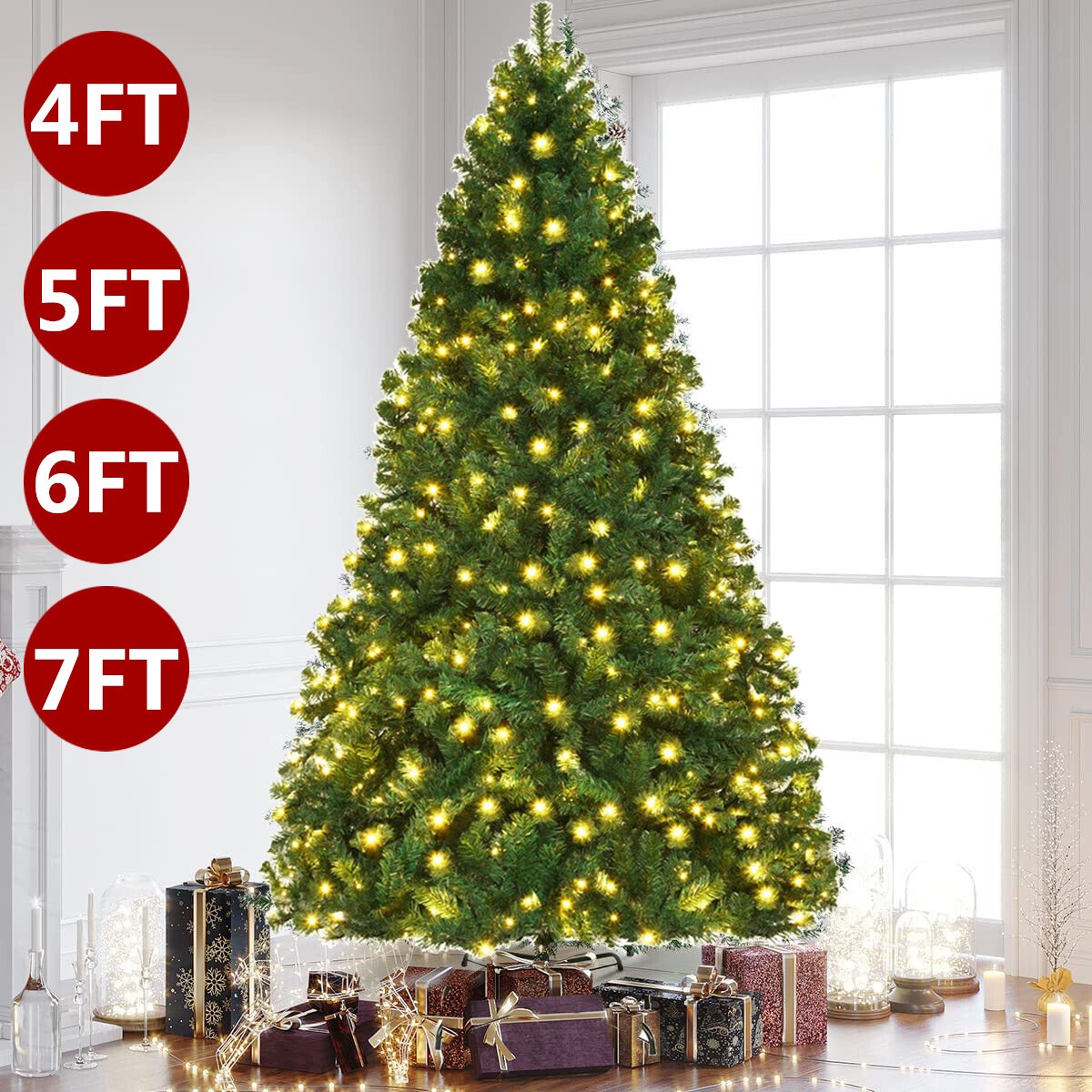 4/5/6/7FT Unlit Pre Lit Christmas Tree with Lights Stand Artificial Xmas Home
