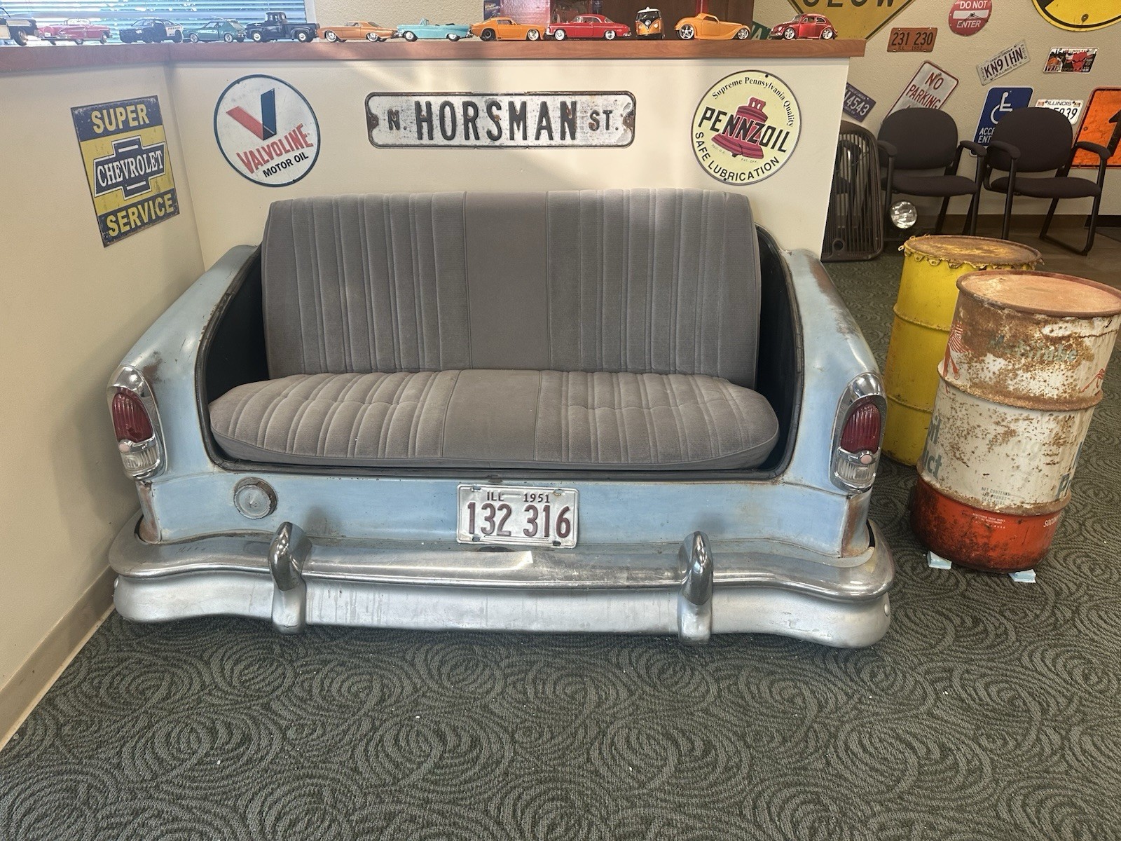 1951 Chevy rear end Gray Corduroy Loveseat w/ Blue Metal Frame