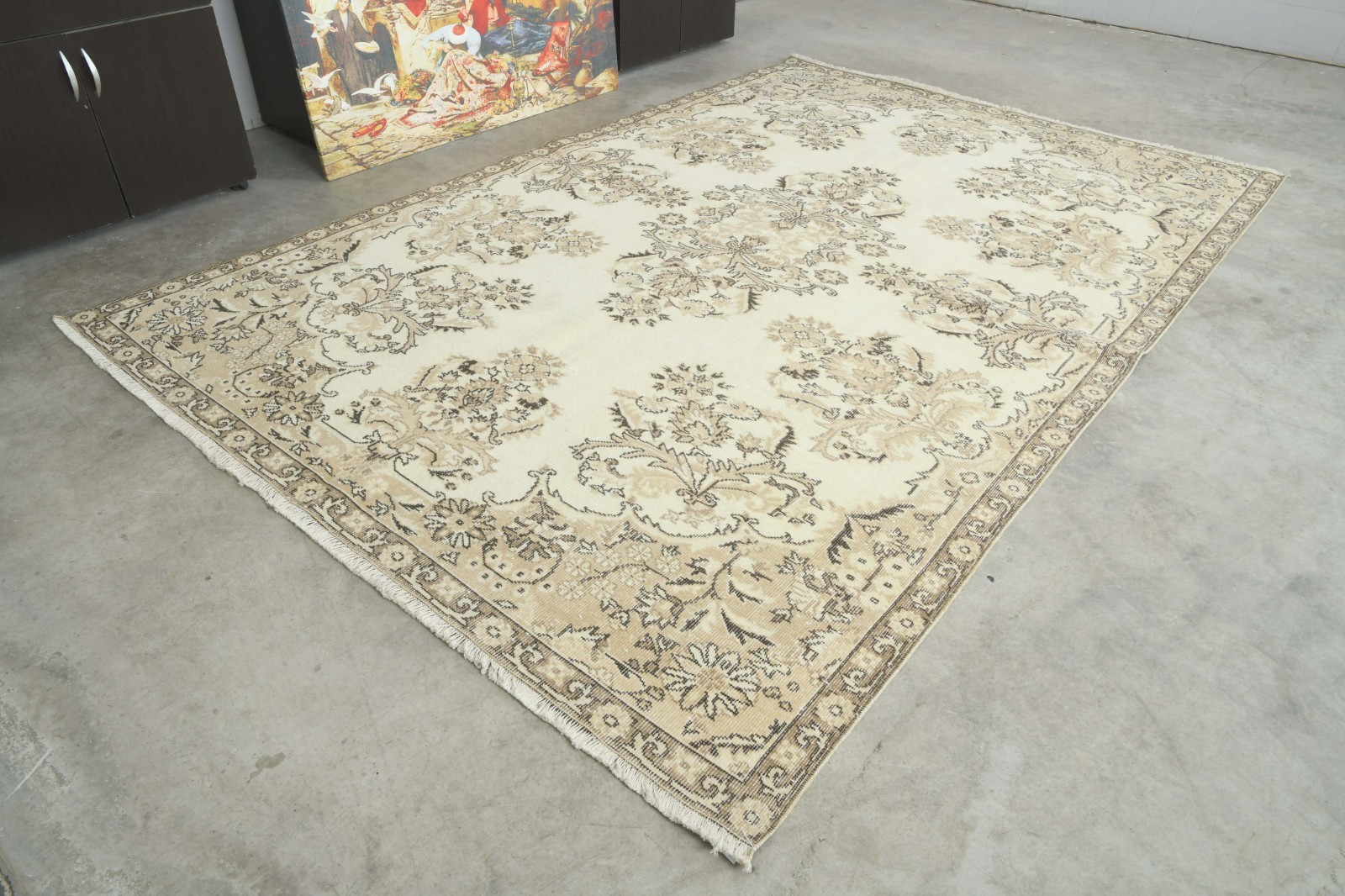7x10 Turkish Antique Large Wool Rug Hand-Knotted Neutral Vintage Oushak Rug,507