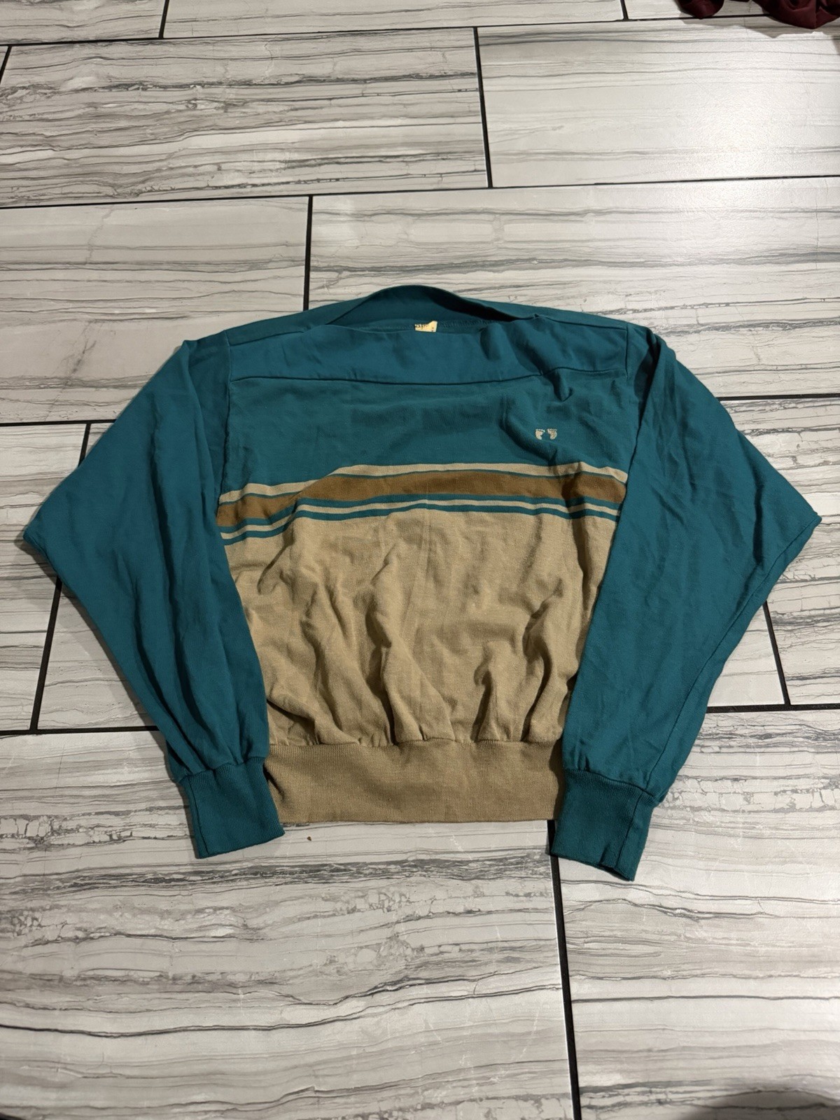 VTG 70s Hang Ten Striped Sweater Teal Tan L (size shrunk a lot) women/juniors