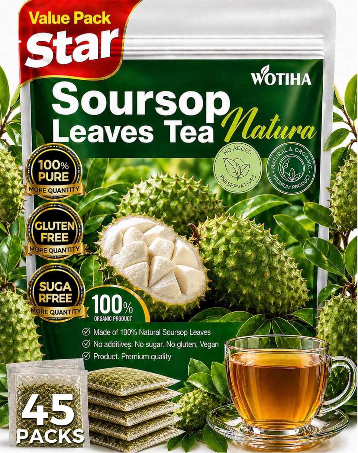 WOTIHA 45 Count Premium Soursop Graviola Tea Bags - 100% Natural soursop leaves,