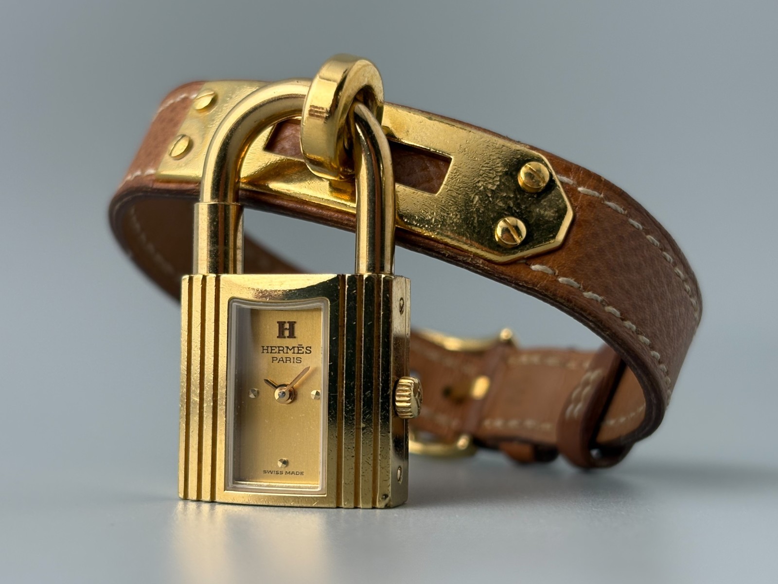 [Excellent] HERMES Kelly Gold Swiss Qz Women's Padlock Watch Brown Belt