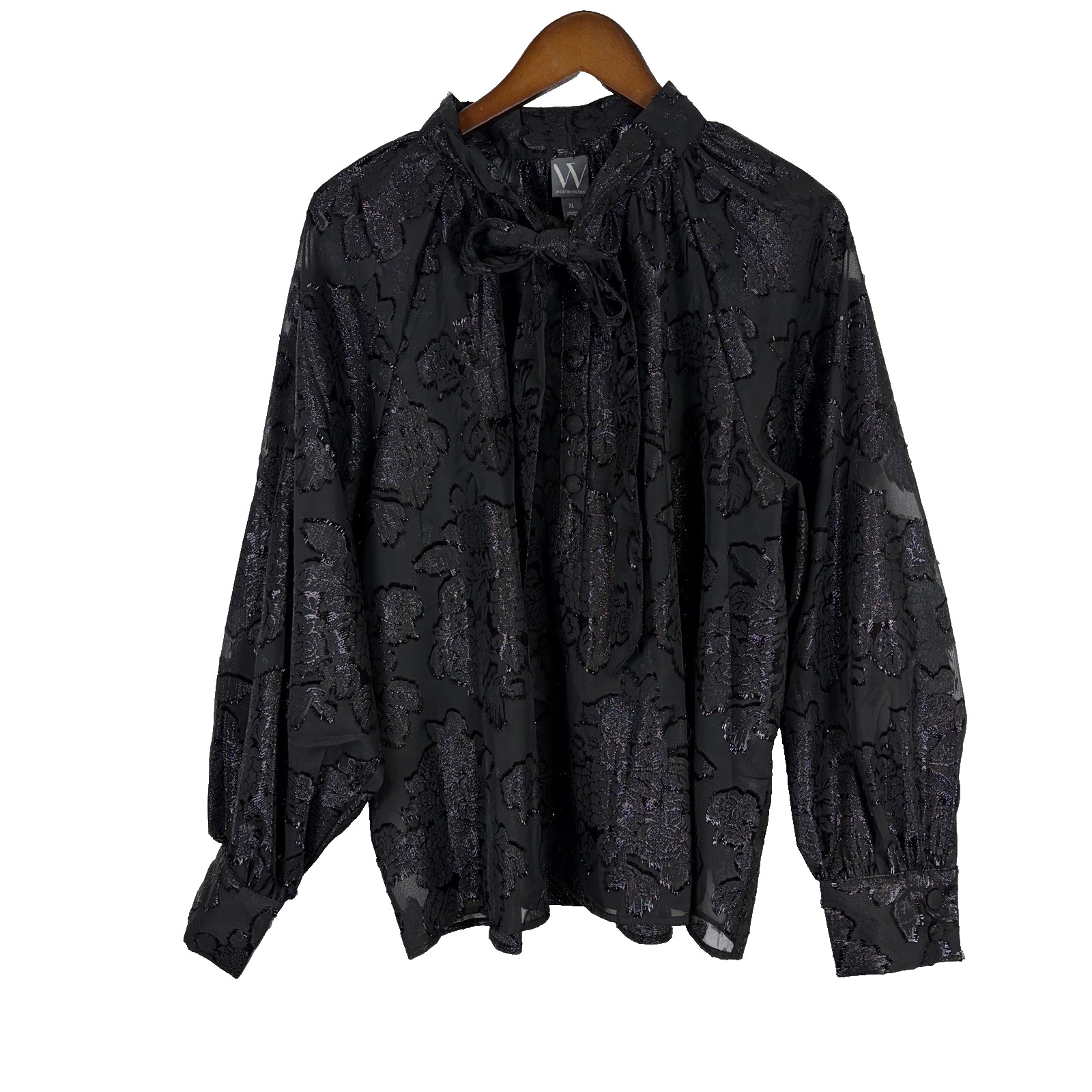 Worthington Woman\'s Blouse Size XL Black Tie Whimsigoth Sheer Sparkle Floral