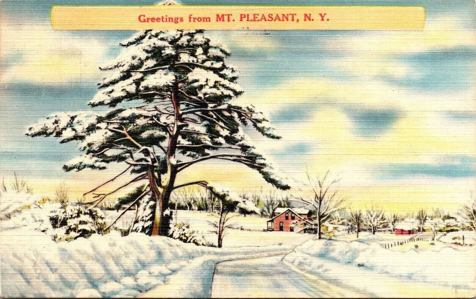 Greetings Mt Pleasant New York NY Linen Postcard Snow Woodstock NY Cancel  PM
