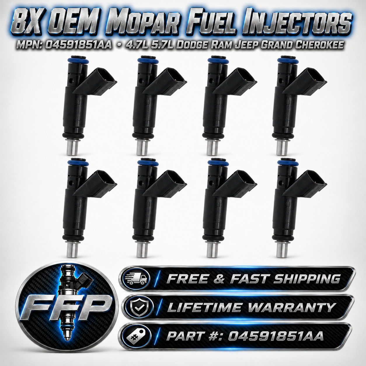 8X OEM Mopar Fuel Injectors 04591851AA 4.7L 5.7L Dodge Ram Jeep Grand Cherokee
