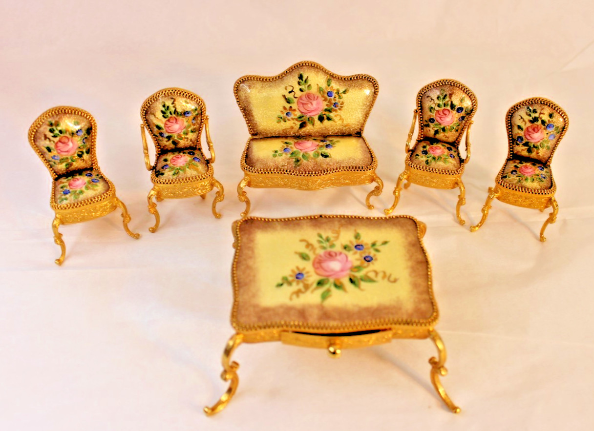 Antique Hand Painted Austrian Enamel Salon Miniature Furniture Set of Six Pieces
