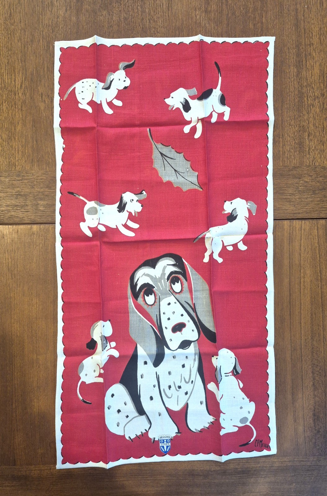 Vintage C.P. Meier Belgian Linen Tea Towel Mid Century Basset Hound NOS Mint