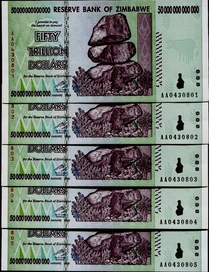 5x2008 50 TRILLION DOLLARS ZIMBABWE BANKNOTE, AA P-90 GEM UNC 50 TRILLION SERIES