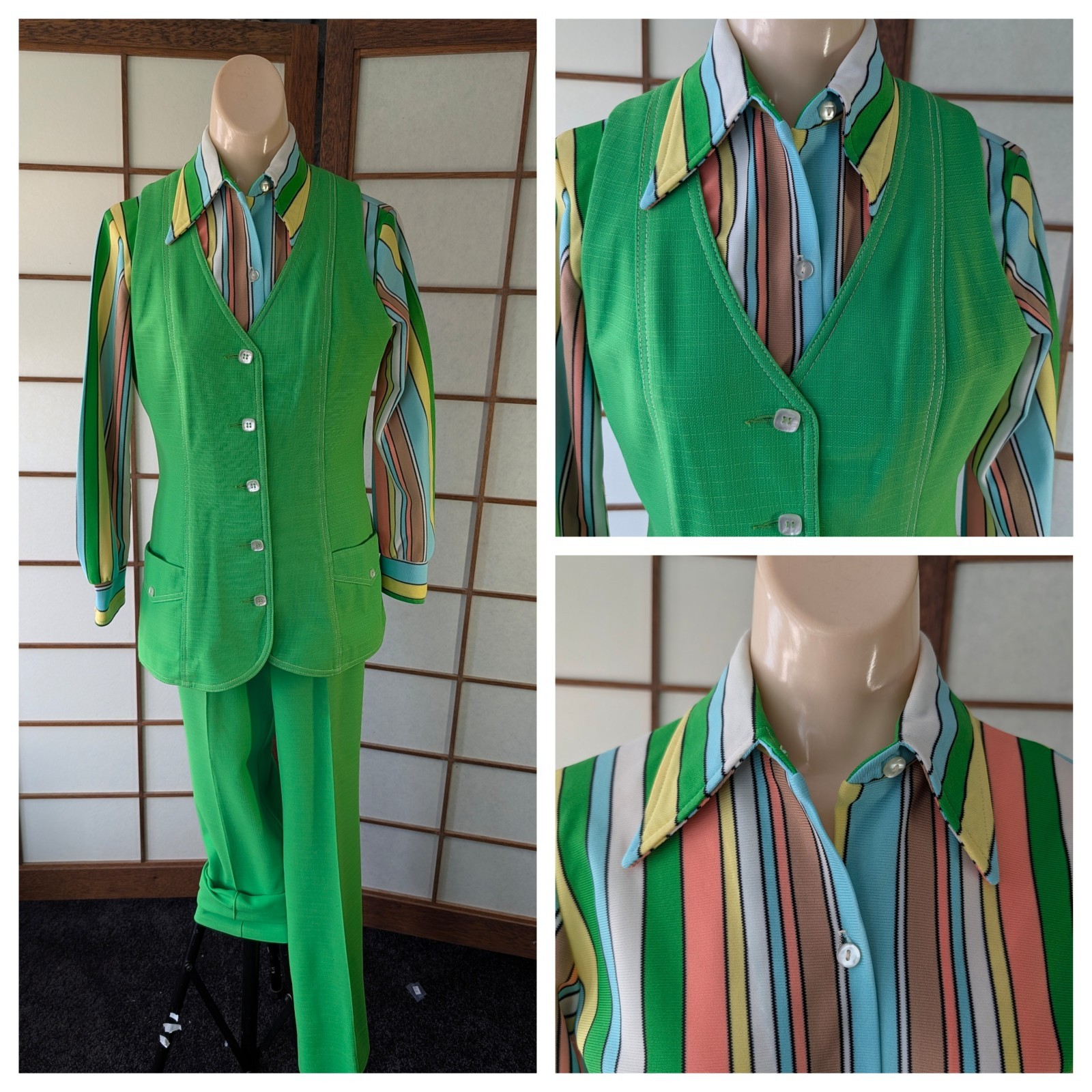 Vtg 1970s Koret of Calif Vibrant Green 3 Pc Vest Pant Suit & Top Hippy Mod GoGo