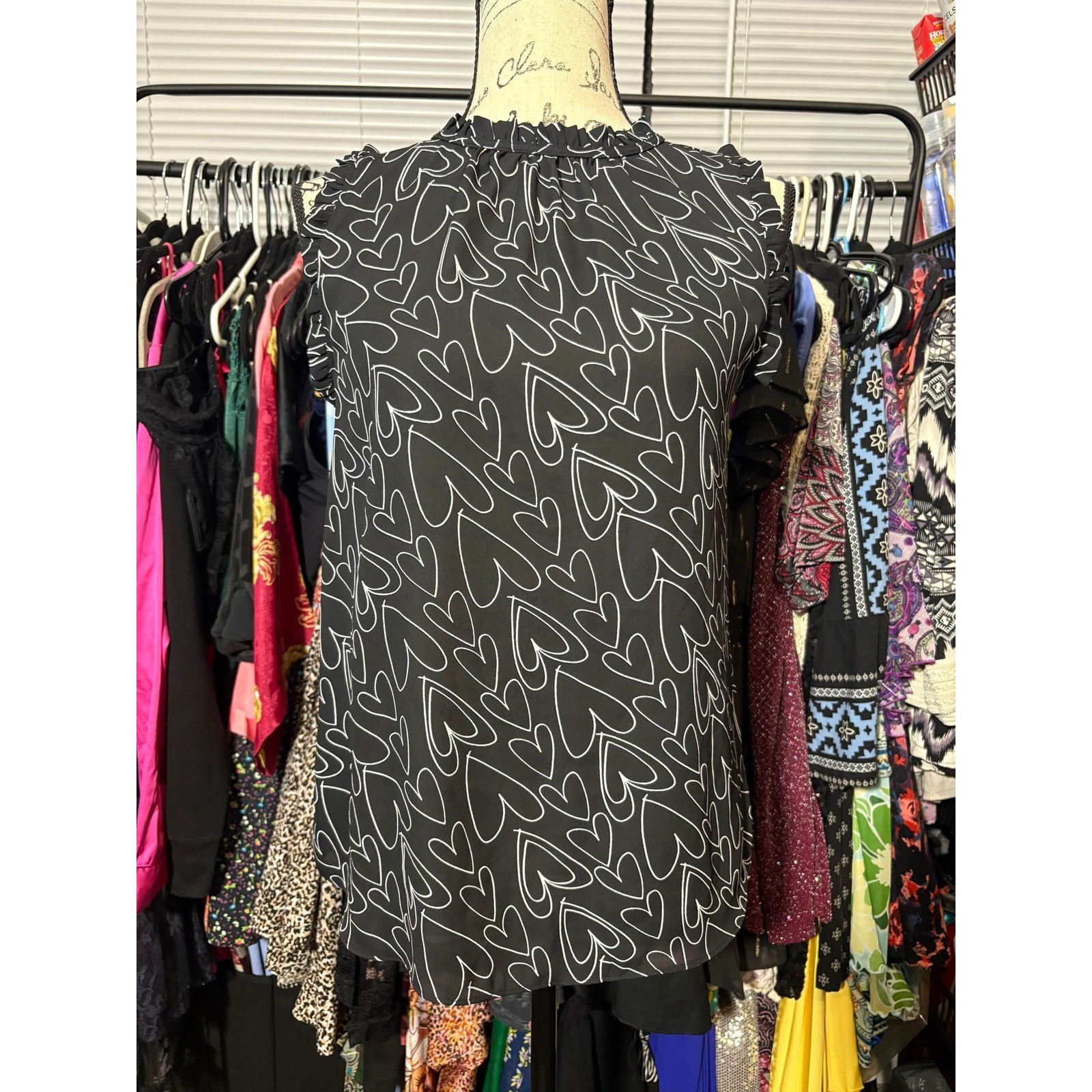 LOFT Black & White Ruffle Neck Heart Print Blouse