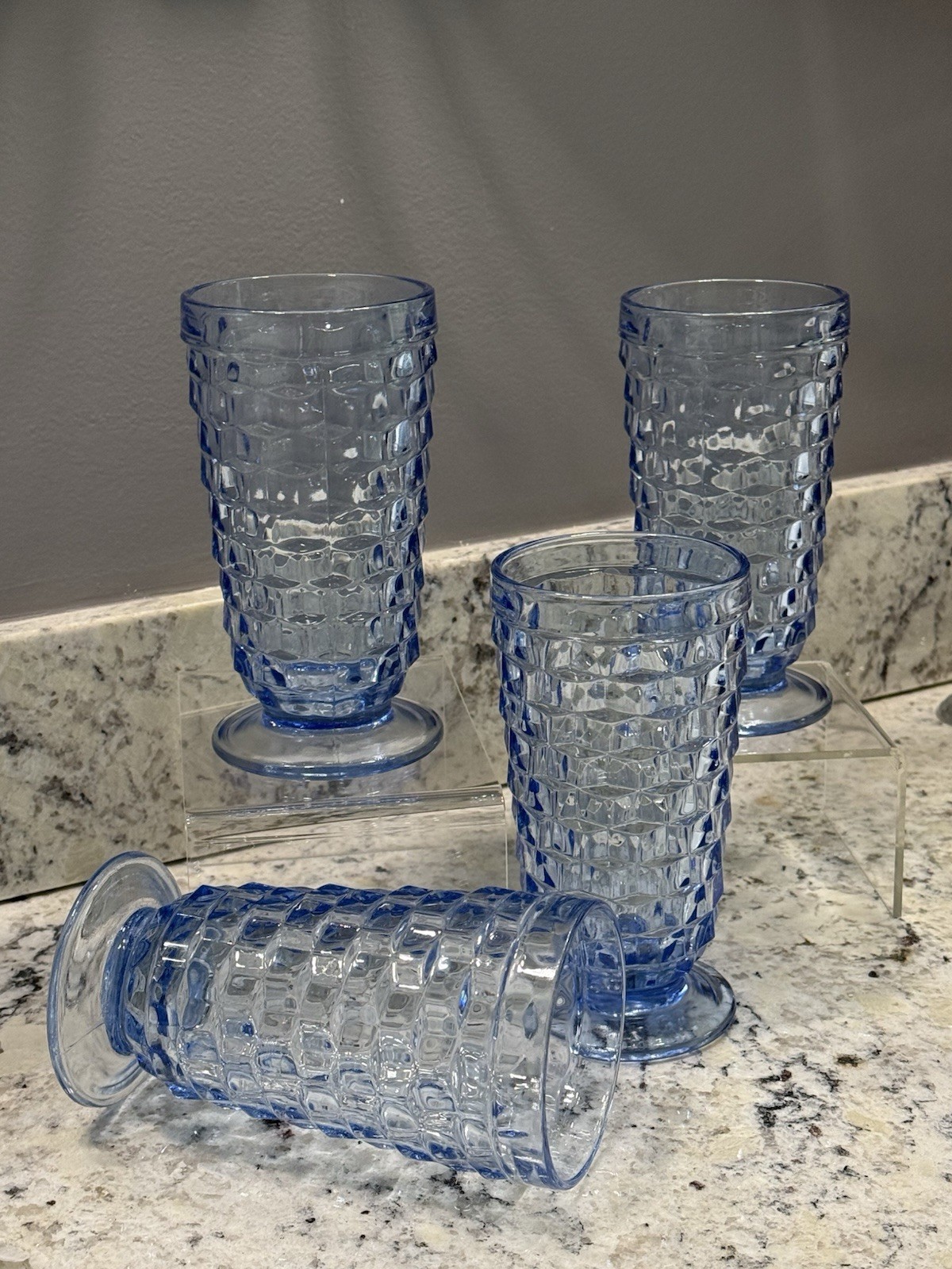 4 Vintage EUC Ice Blue Indiana Glass Whitehall Colony Cubist 6” Footed Tumblers 4 Vintage EUC Ice Blue Indiana Glass Whitehall Colony Cubist 6” Footed Tumblers