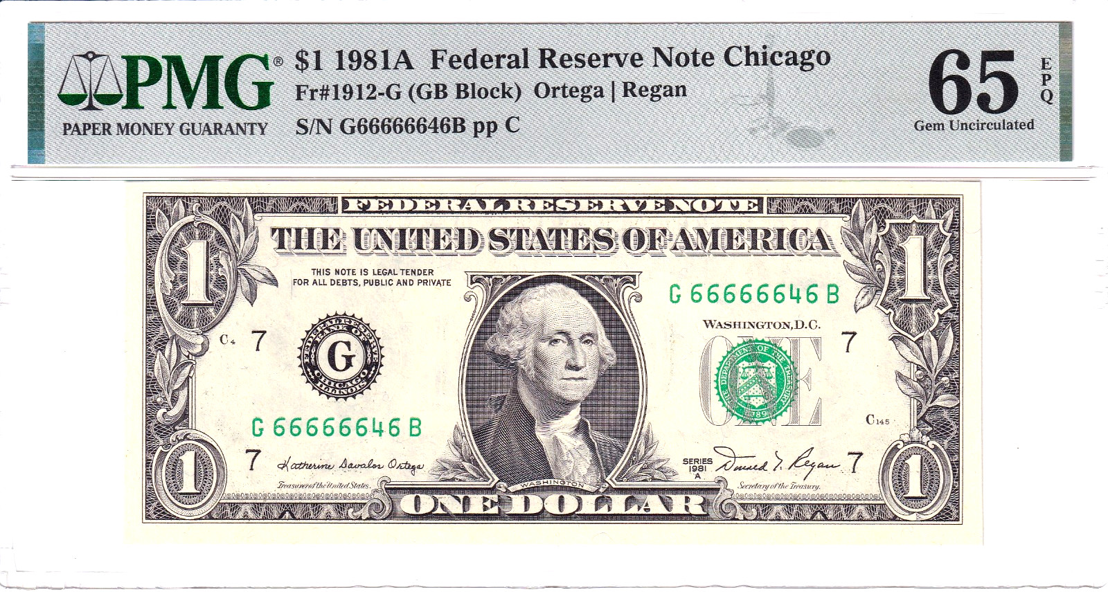 1981-A $1 FRN PMG Gem Unc 65EPQ 4/6 Binary Near Solid #G66666646B