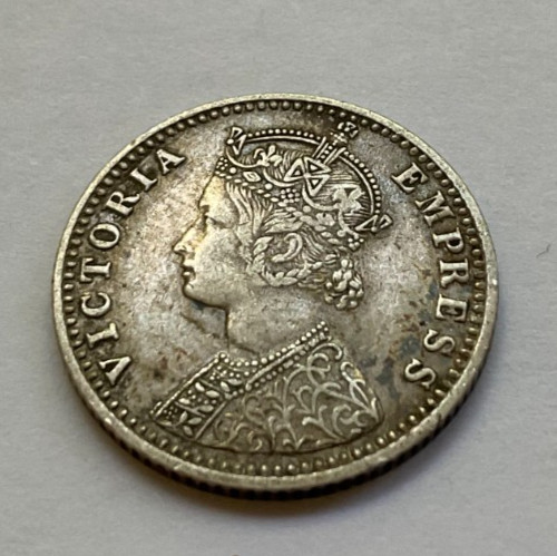 1892 B Incuse British India Victoria Silver 1/4 Rupee