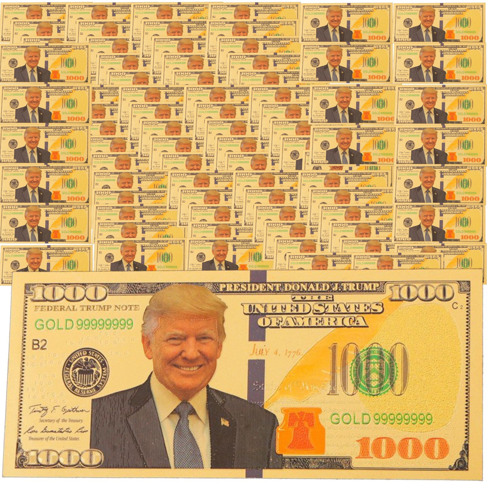 100 Pack 2024 President Donald Trump $1000 Gold Dollar Bills Funny Money Maga