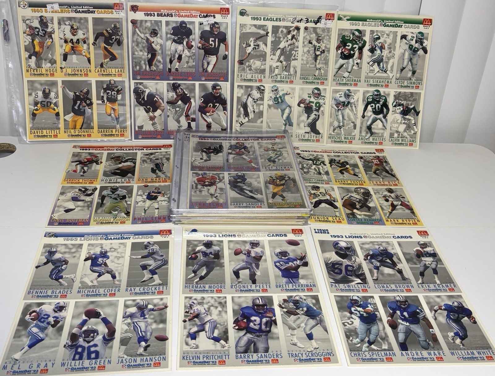 1993 McDonald\'s NFL GameDay 44 Uncut Sheets 264 Cards Lions Barry Sanders Rice