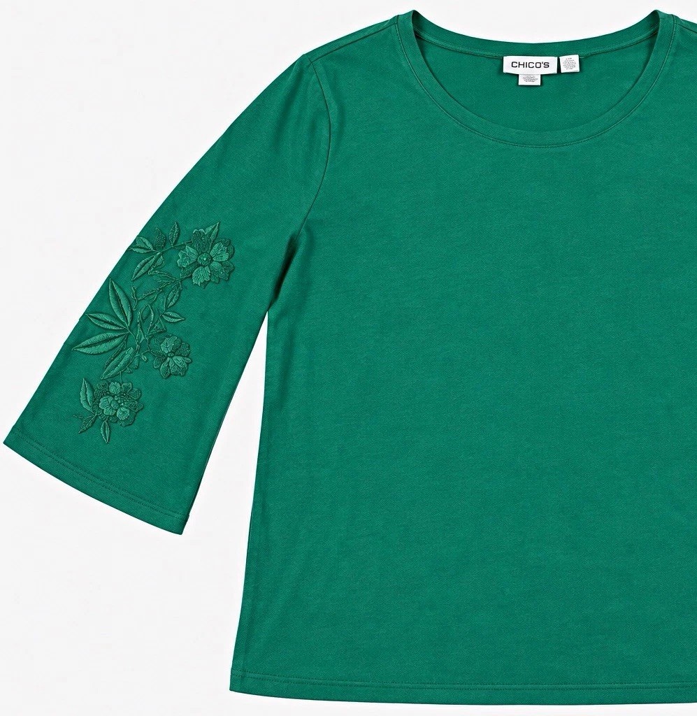 Chico\'s Women’s L Green Scoop Neck 3/4 Sleeve Knit Embroidered Pullover Top