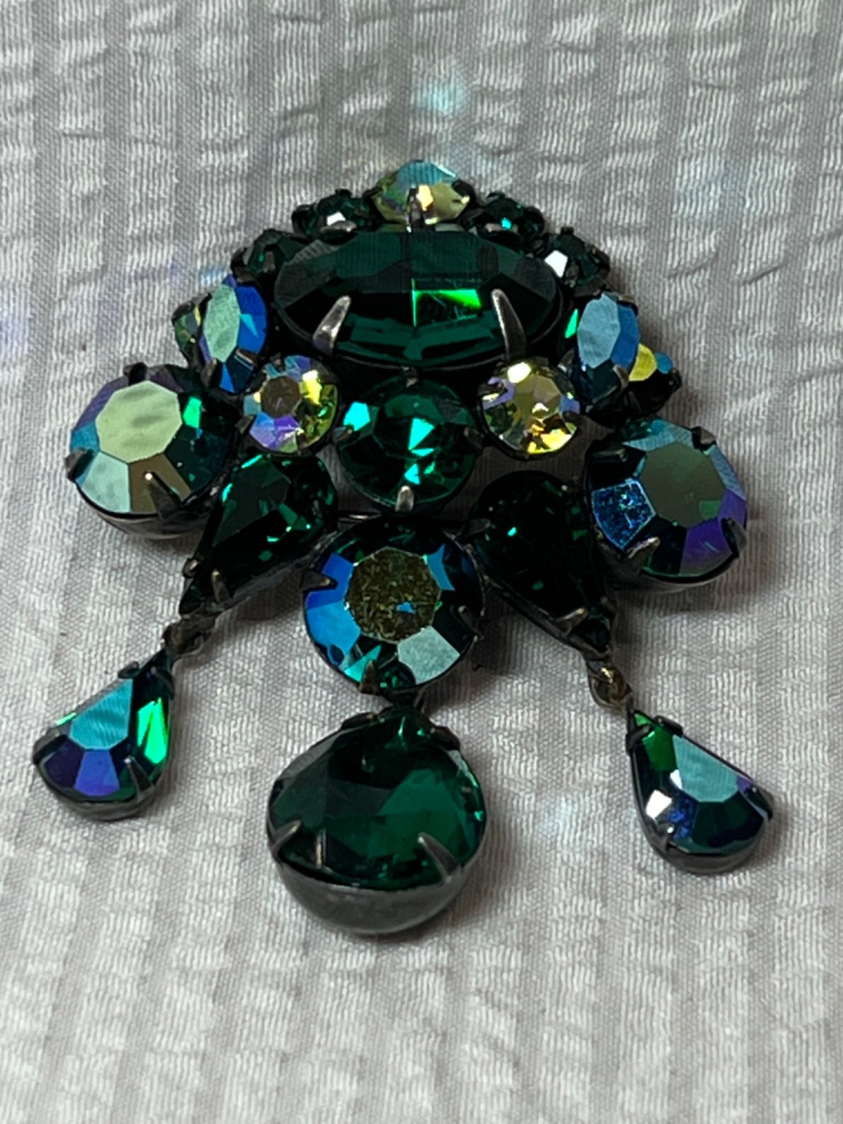 Vintage Regency Emerald Green AB Cabochon Rhinestone Brooch Pin Signed (#22