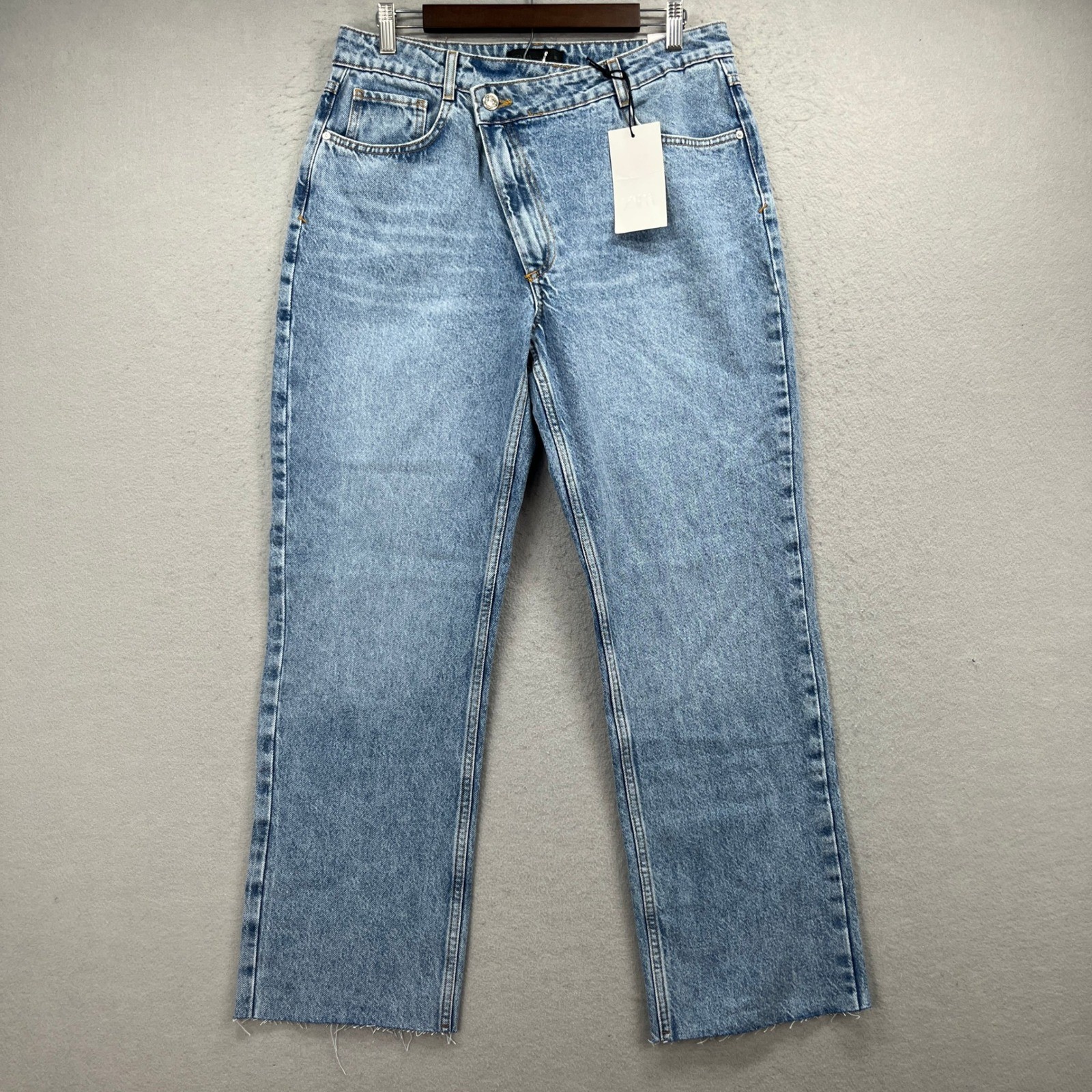 Zara Jeans Womens 10 Blue Denim Asymmetric Waist Raw Hem Straight Fit Street NEW