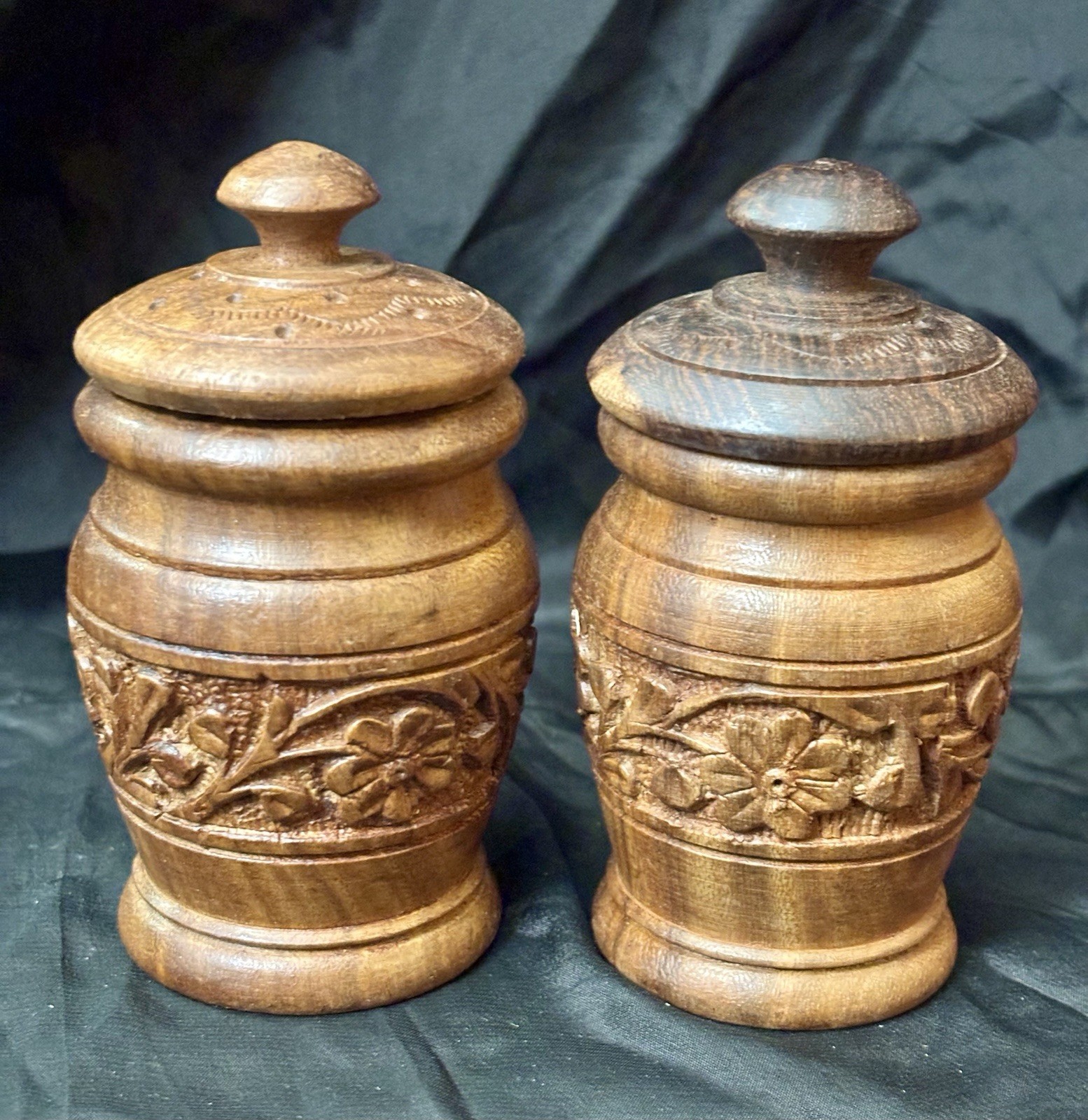 Vintage Hand Carved Wood Spice Jars Set of 2 Lidded Boho Canisters Made in India Vintage Hand Carved Wood Spice Jars Set of 2 Lidded Boho Canisters Made in India