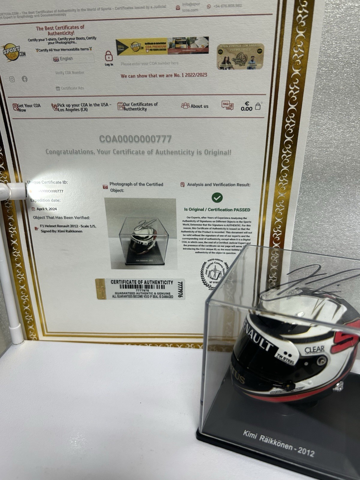 Kimi Raikkonen Signed Renault 2012 Helmet Scale 1/5 + COA