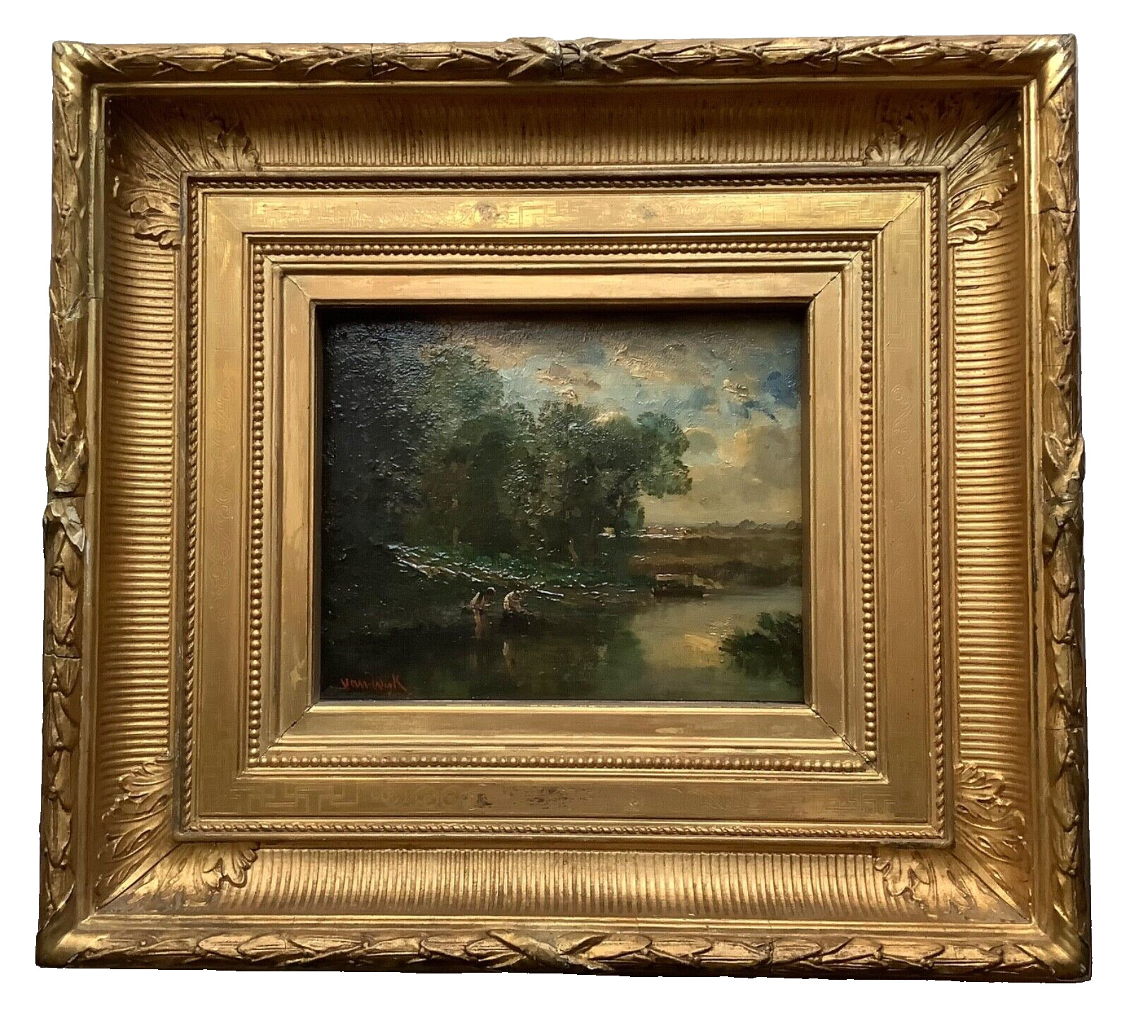 HENRI VAN WYK (1833-1889) SIGNED - ANTIQUE DUTCH OIL 1880\'s - FISHERMEN  - RIVER