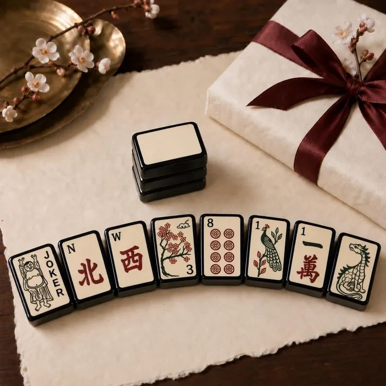 Vintage Black Backing Mahjong Tile Set Dragon & Laughing Buddha Game Tiles
