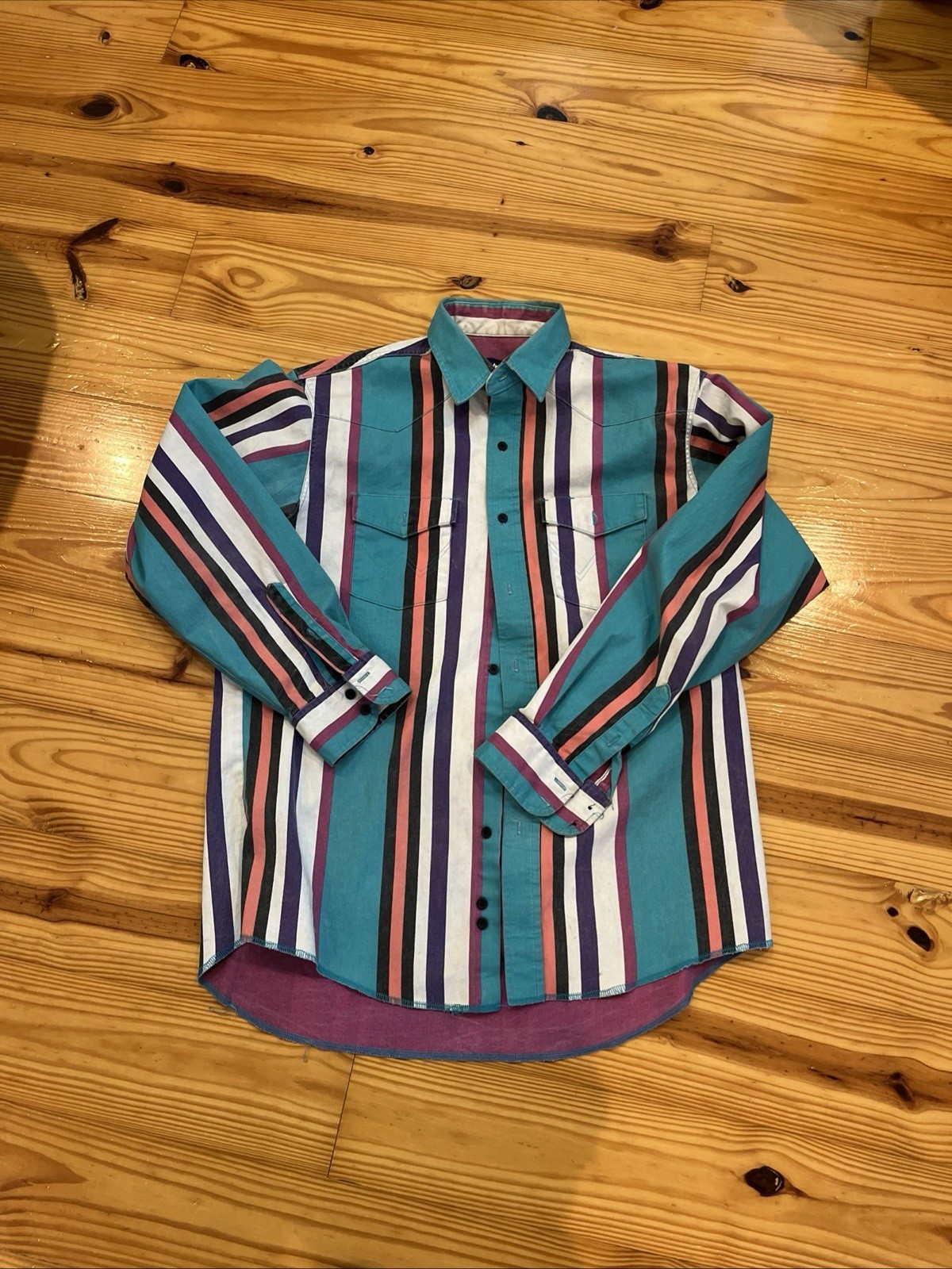 VTG Wrangler Brushpopper Shirt Striped X-Long Tails Western Rodeo Cowboy 17-35 VTG Wrangler Brushpopper Shirt Striped X-Long Tails Western Rodeo Cowboy 17-35