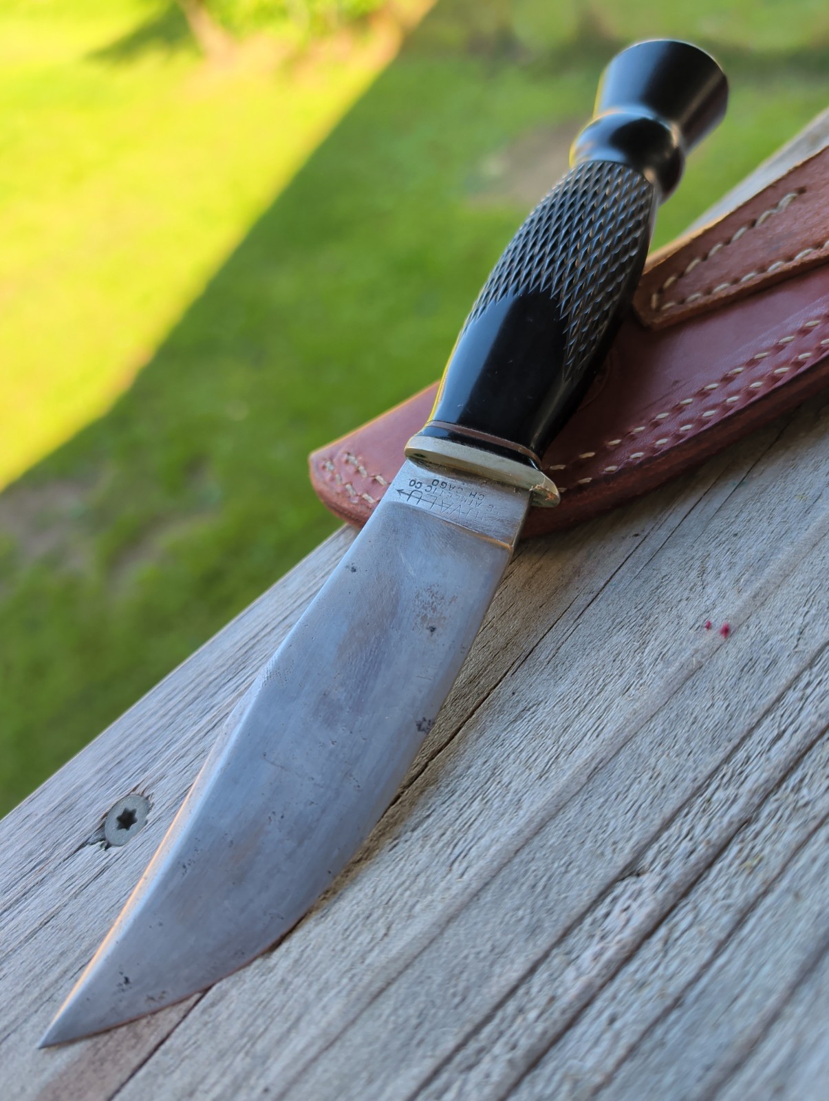 Antique 1920s Nuvalu US Athletic Co Chicago Thistle Handle Trailing Point Knife