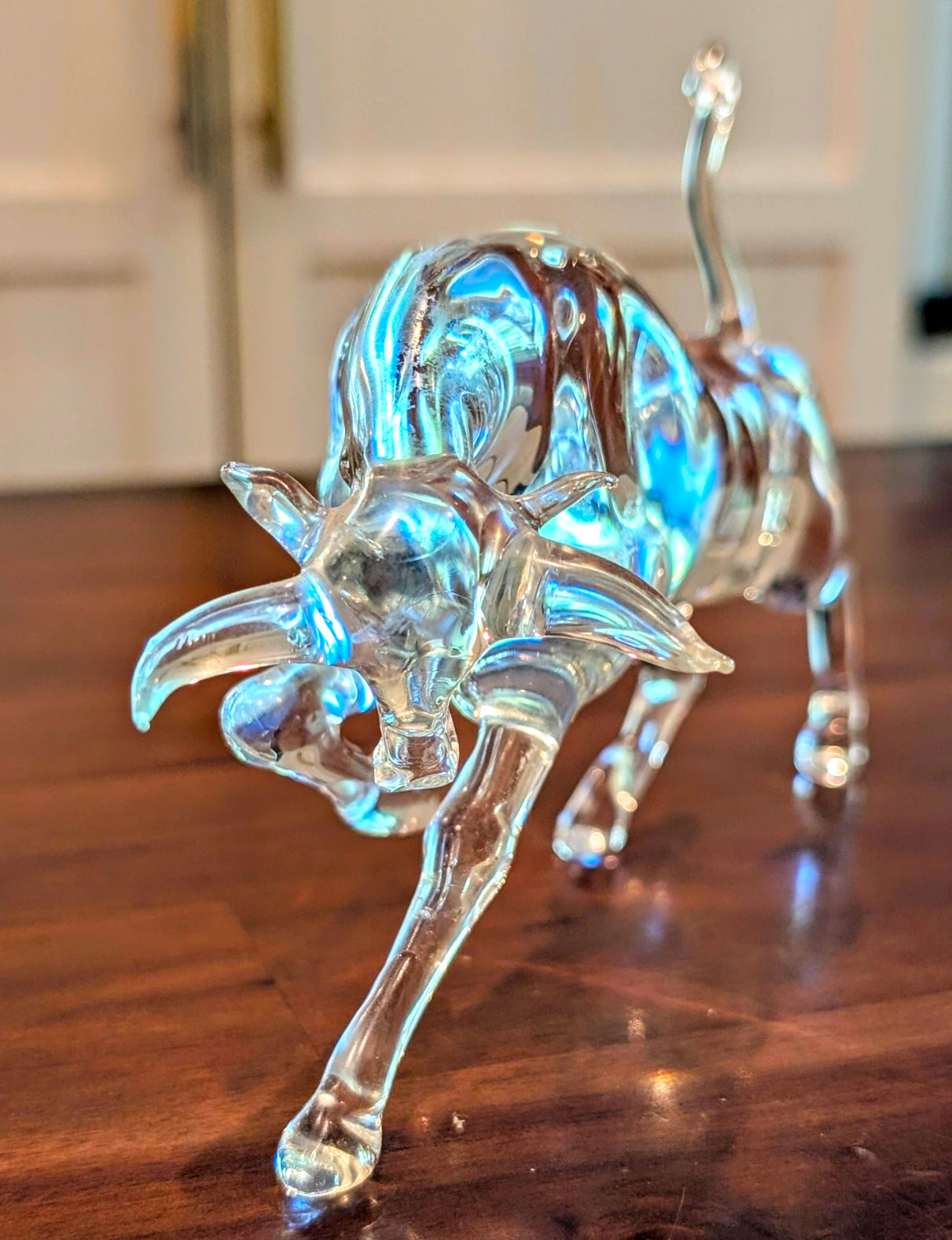 Vintage MCM Hand Blown Art Glass Charging Bull Sculpture Figure Statue Clear