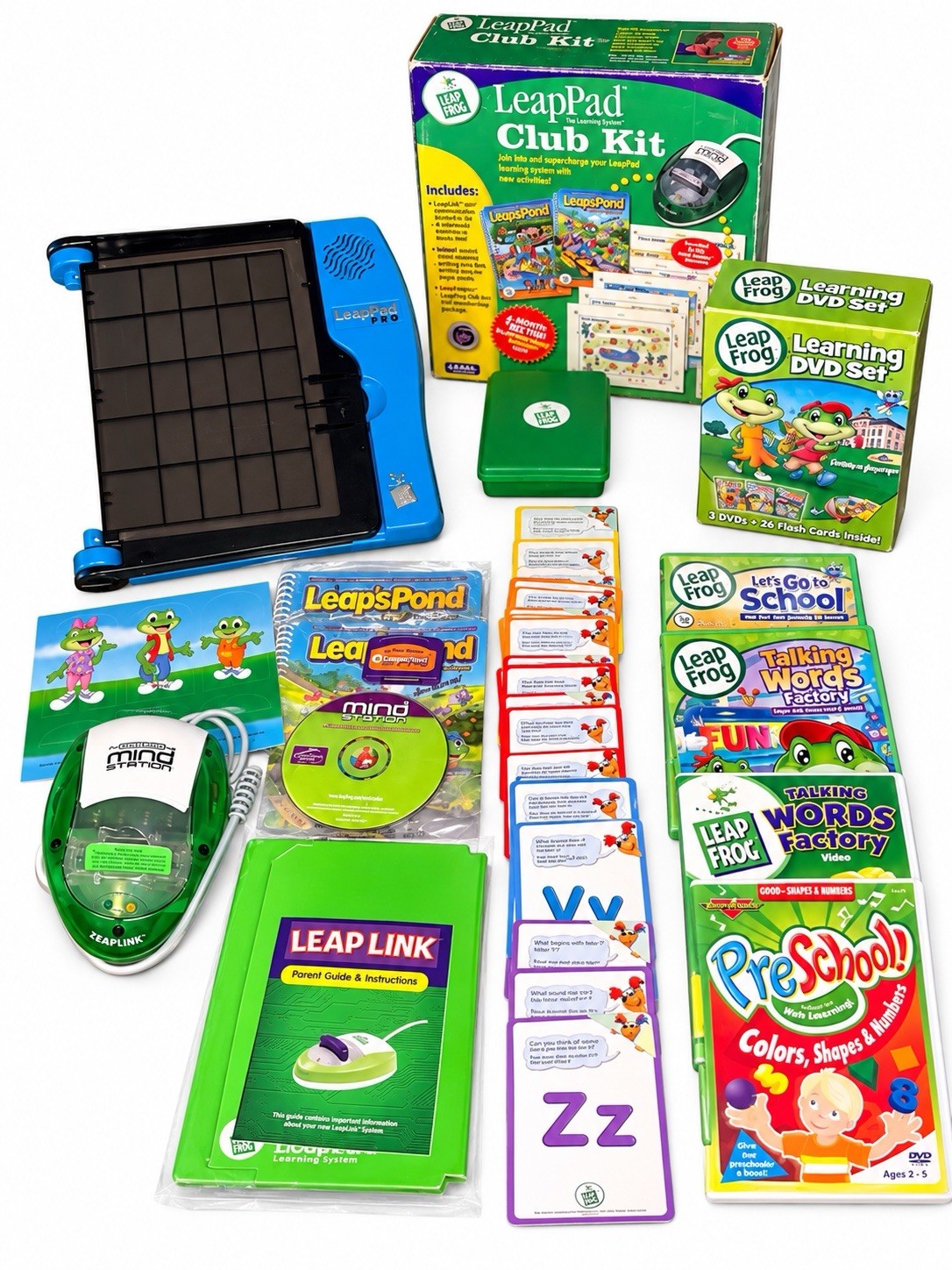 LeapFrog LeapPad Pro Learning System Lot Club Kit DVDs Flash Cards Books Bundle
