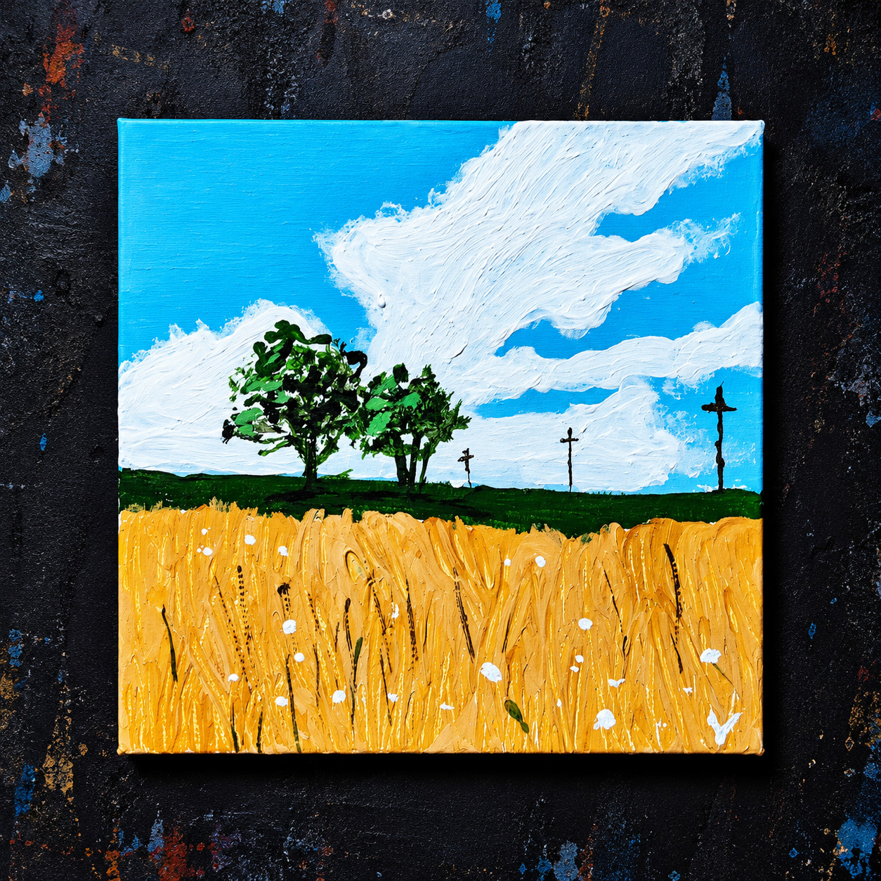 Original Acrylic Mini Painting, Country Landscape 10x10cm Scottish Artist Vital