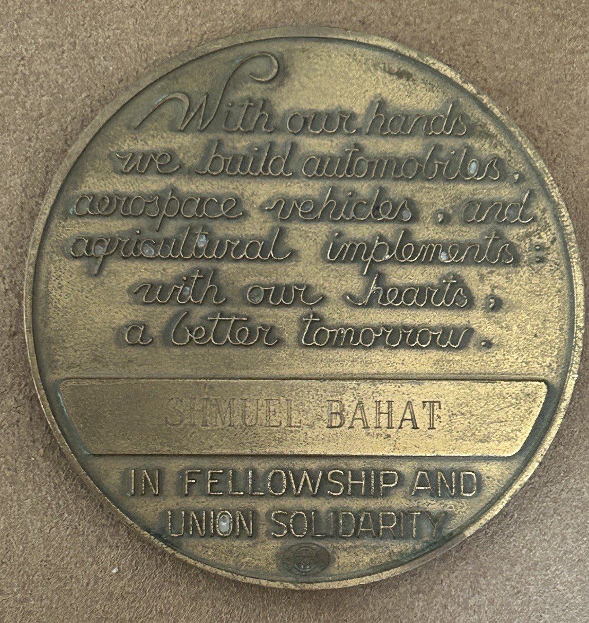 Vintage UAW Bronze Medallion Embossed Union Labor Solidarity Emblem Plaque