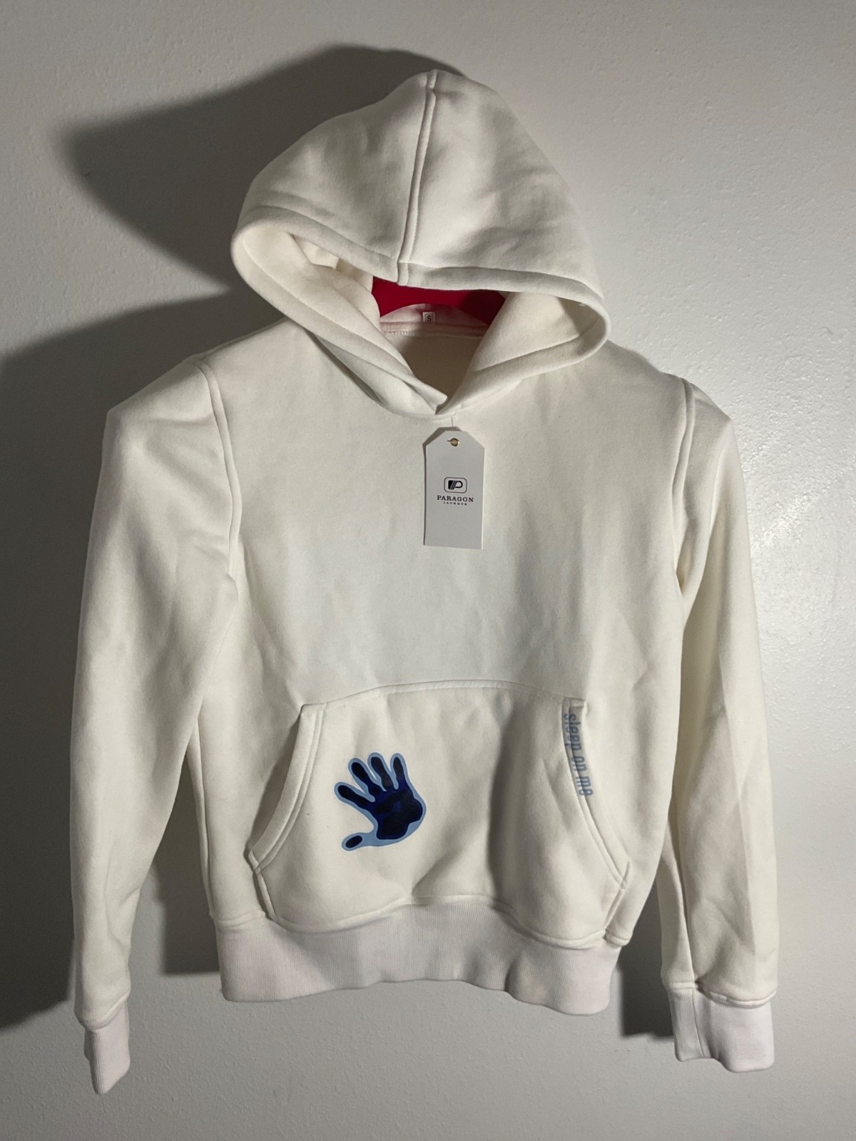 Paragon Jackets White Hoodie W/ Blue Handprint Design S Cotton