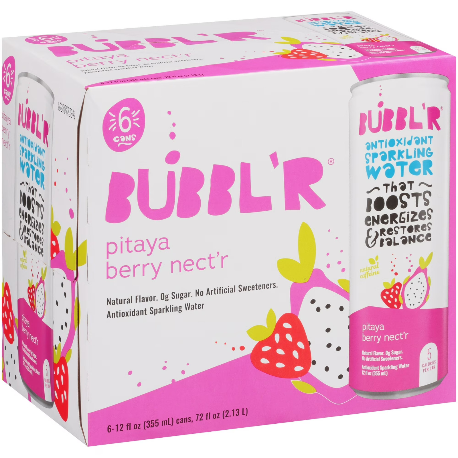 BUBBL\'R Antioxidant Sparkling Water Pitaya Berry Nect\'r 12 fl oz 6 Pack Cans....