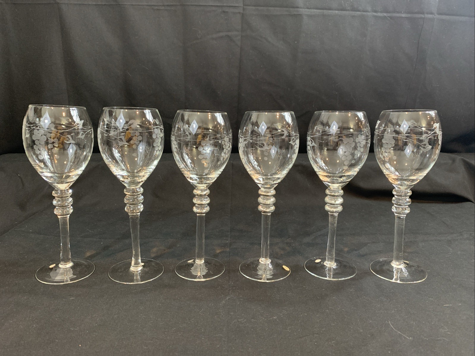 6 - Vintage Etched Wine Glasses - Hand Made - Grapes / Birds Or Flowers - 3 Ball