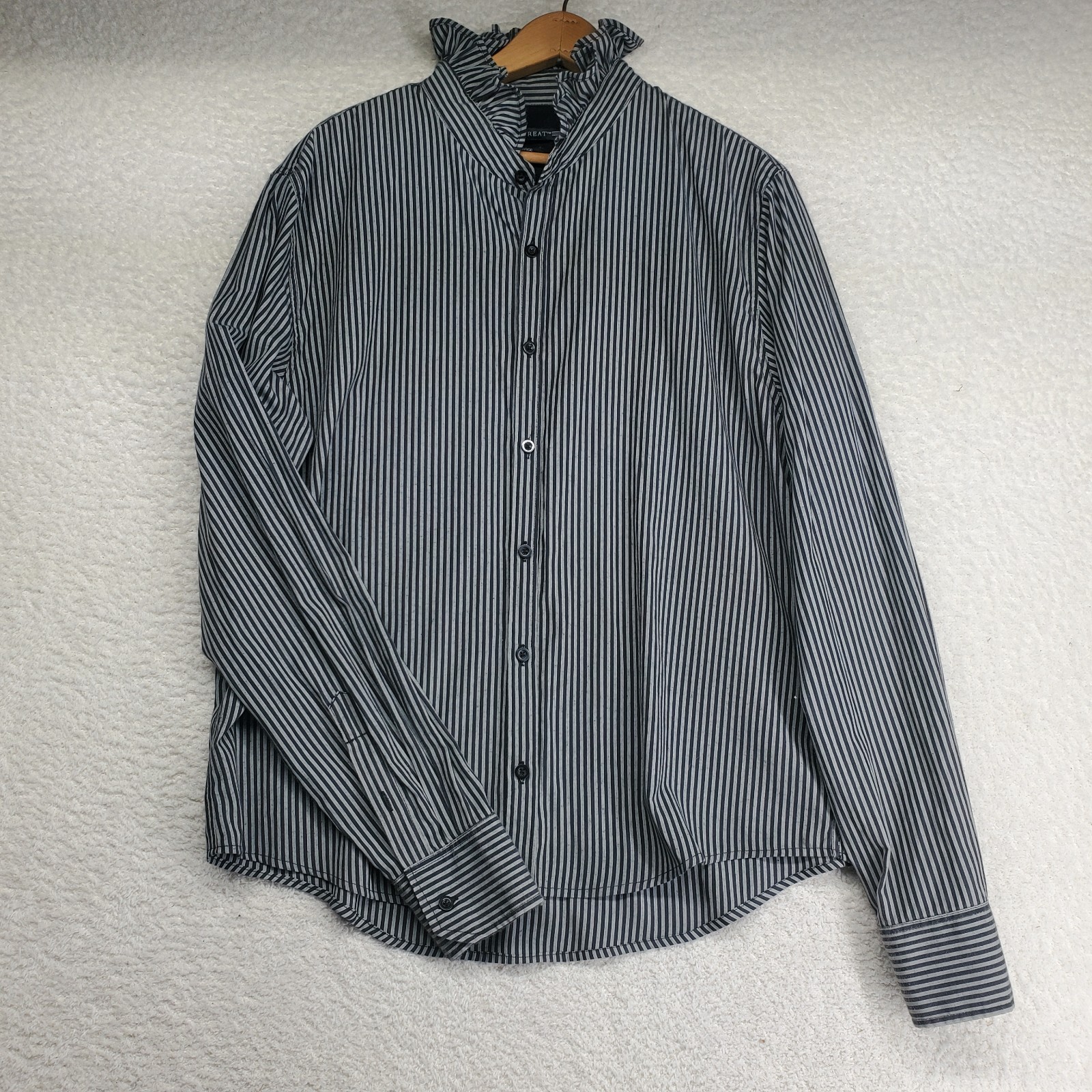 Upcycled Women\'s Striped Top Large Ruffle Collar Black Gray Button-Up Reworked Upcycled Women\'s Striped Top Large Ruffle Collar Black Gray Button-Up Reworked