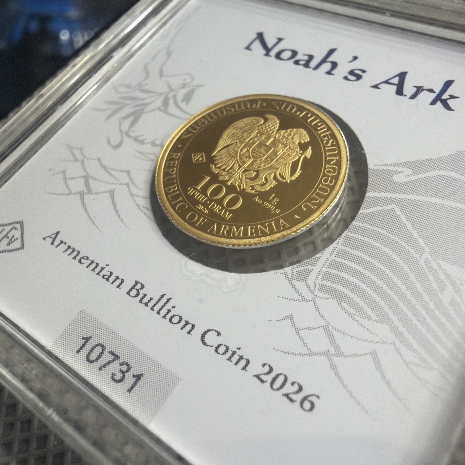 2026 Armenia Noah’s Ark 100 Dram 1g .9999 Fine Gold Coin Geiger Sealed COA